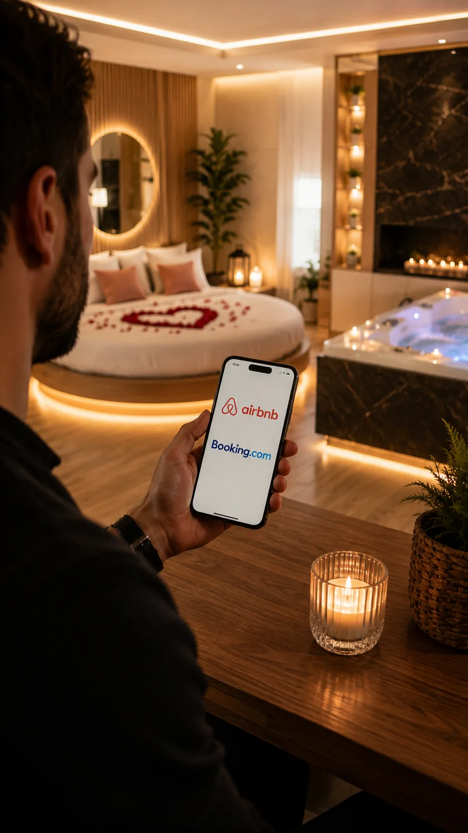 Man checking the Airbnb and Booking.com apps on his phone in a romantic suite with a round bed and hot tub