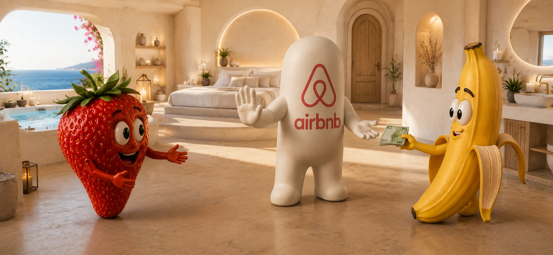 Strawberry and banana characters handing over a commission to the Airbnb mascot in a suite overlooking the sea