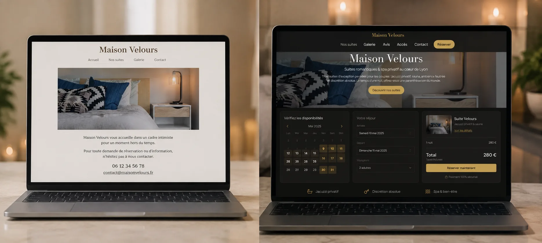 Comparison between a simple showcase website for a romantic suite and a site with a built-in booking engine