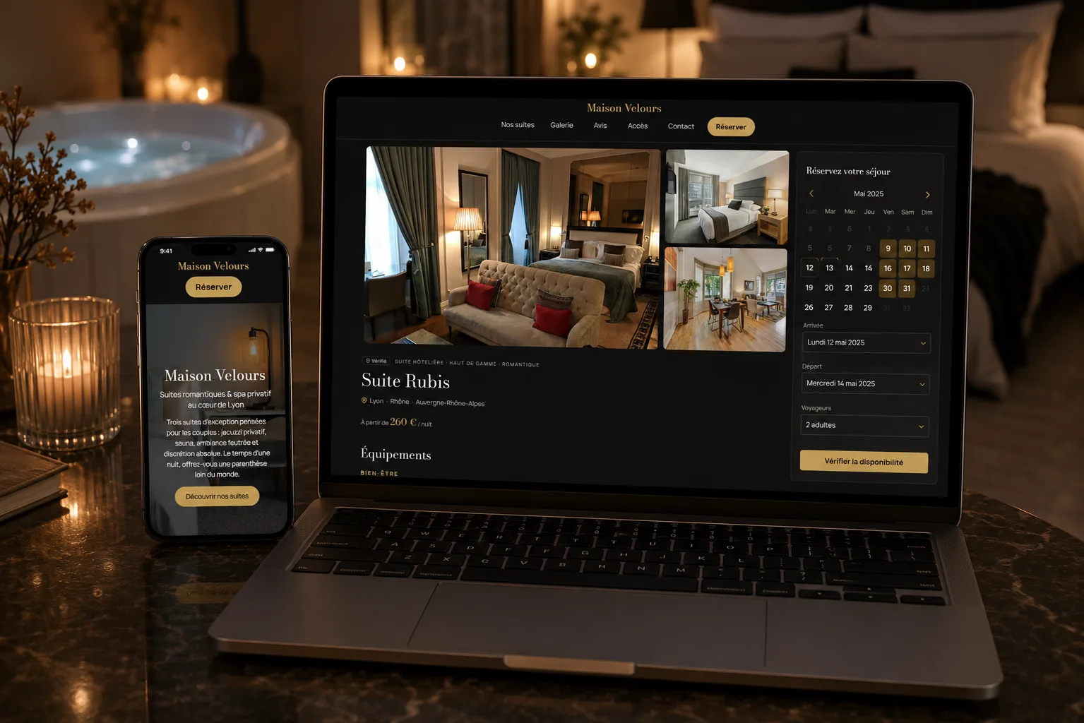 A romantic suite's Site Studio website shown on desktop and mobile, with its booking calendar