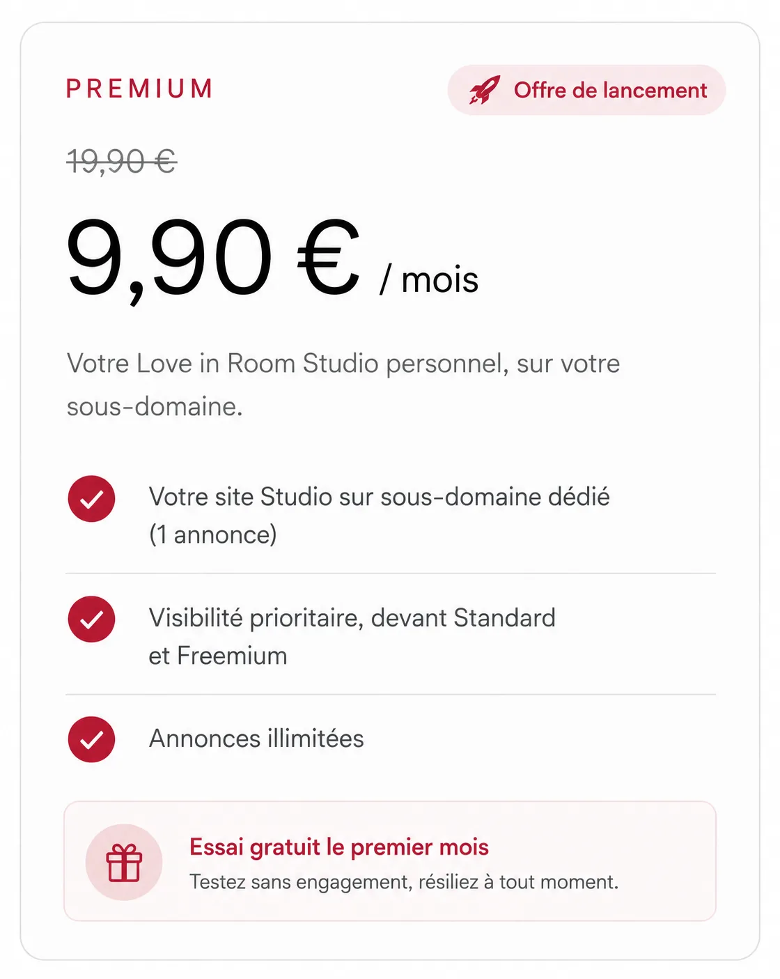 Love in Room Premium offer at €9.90 a month instead of €19.90, including Site Studio and unlimited listings