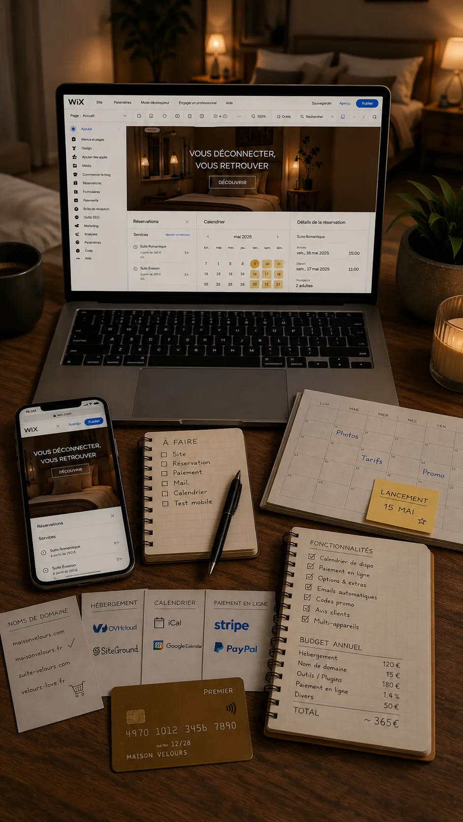 Building a romantic suite website on Wix, surrounded by notebooks detailing the annual budget and features to plan for
