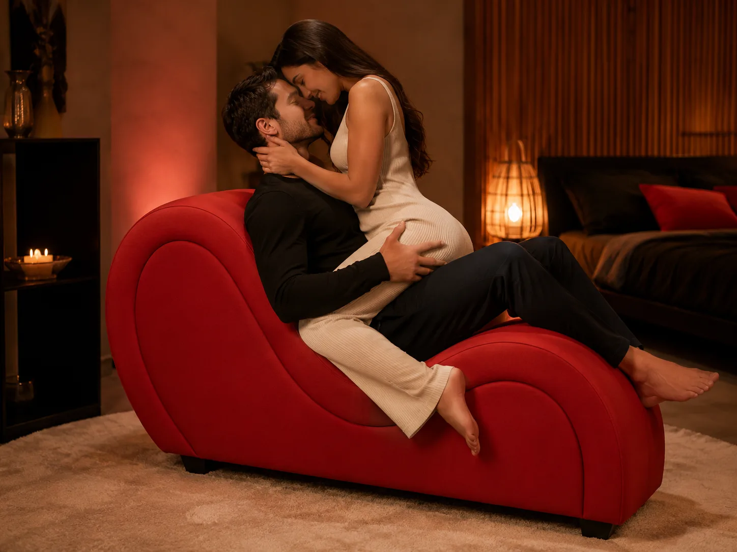 Couple embracing on a red tantra chair in a softly lit bedroom