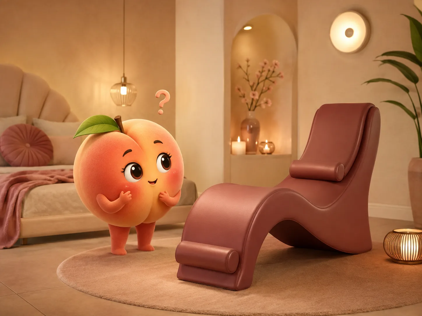 Illustrated peach-coloured character puzzling over a burgundy tantra chair in a bedroom