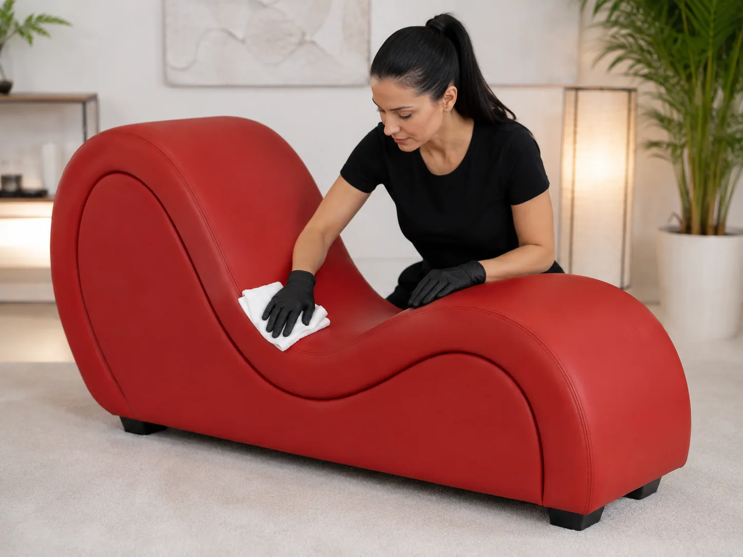 Cleaning a red tantra chair with a cloth and gloves