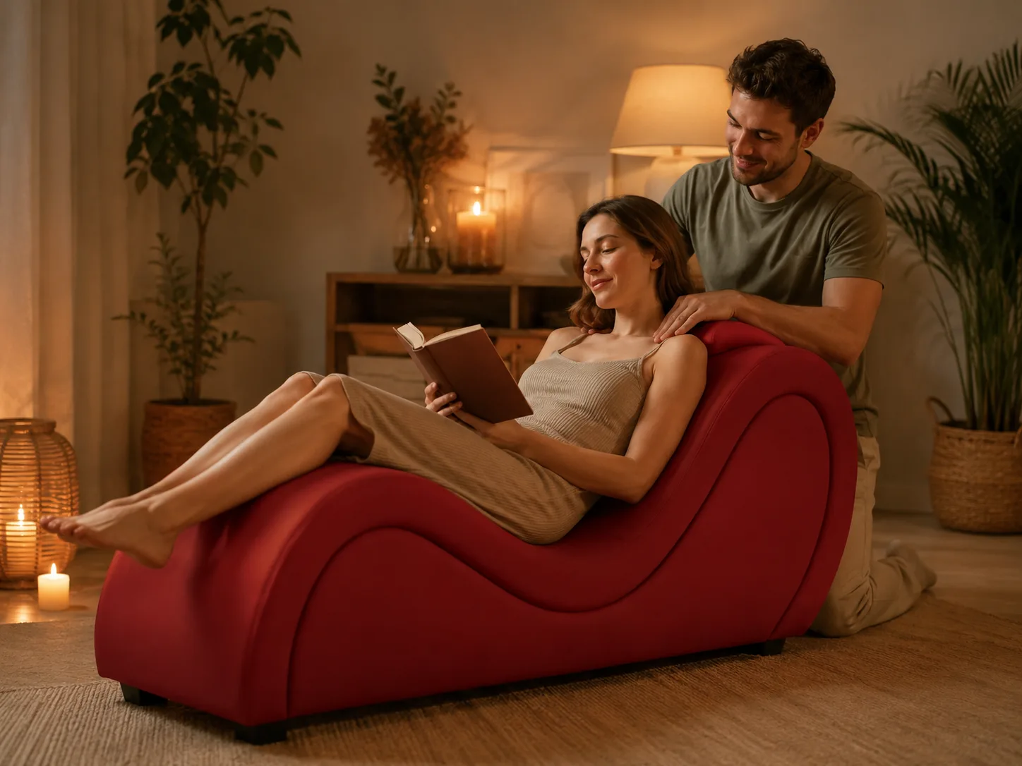 Woman reading on a tantra chair while her partner massages her shoulders