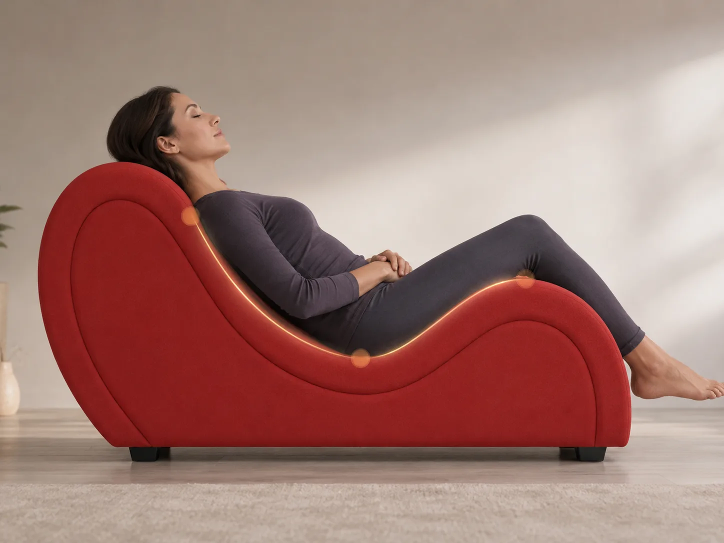 Woman lying on a tantra chair, her back and legs following the curves of the furniture
