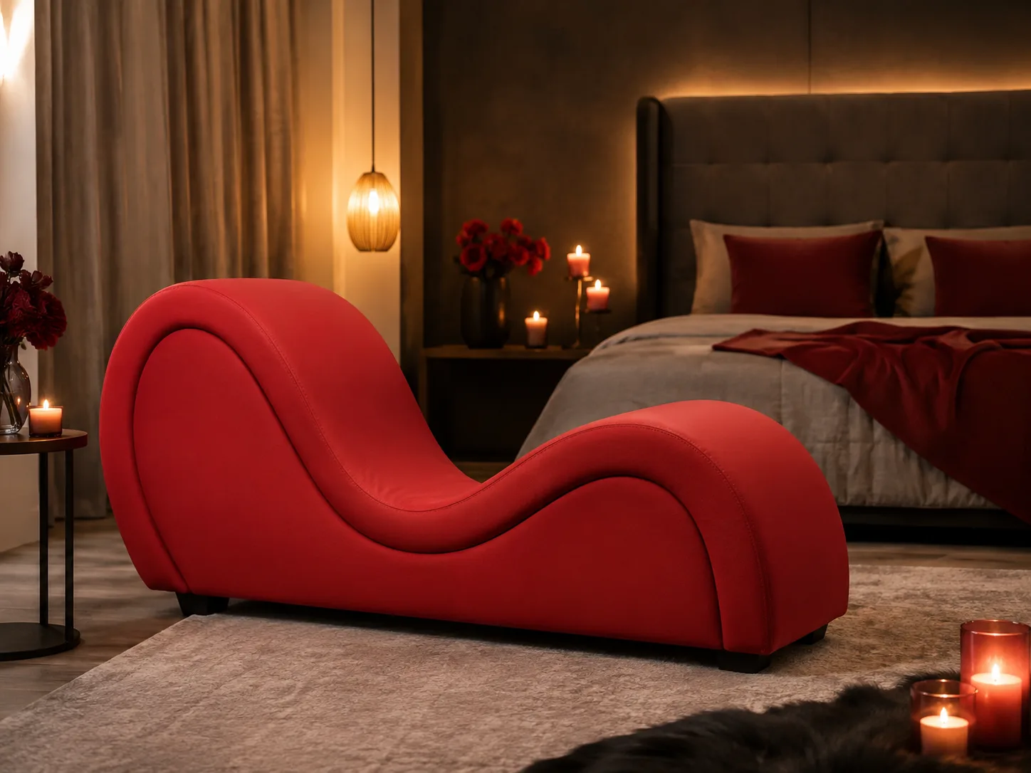Red tantra chair set up in a bedroom, next to a bed lit by candles