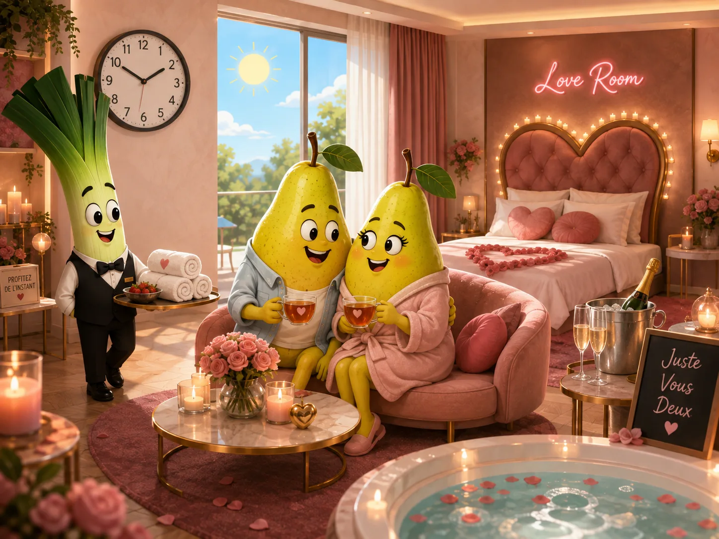 Two illustrated characters in bathrobes in a decorated Love Room, with a private hot tub and champagne