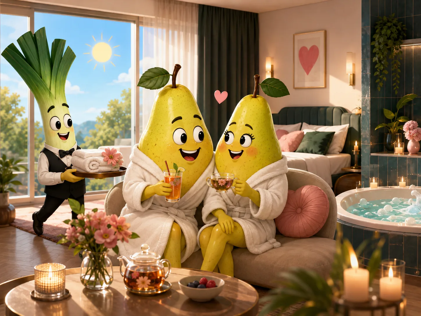 Two illustrated characters in bathrobes enjoying a private hot tub during the day