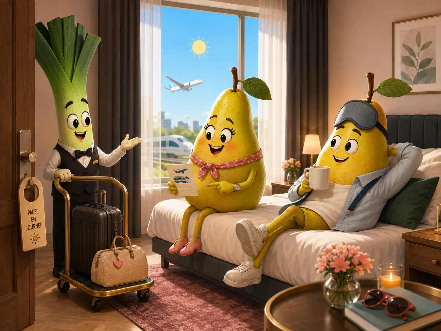 Travellers greeted by a bellhop for a daytime break in a hotel room