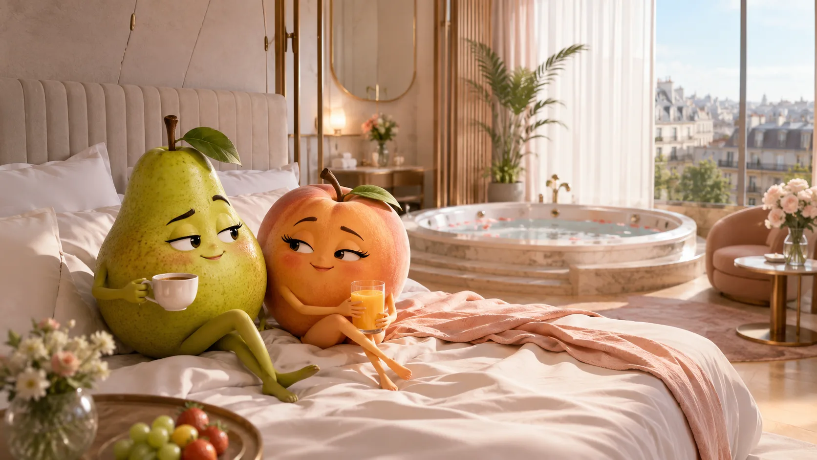 Illustrated pear and peach characters sitting on a bed facing a hot tub, with a view over the city
