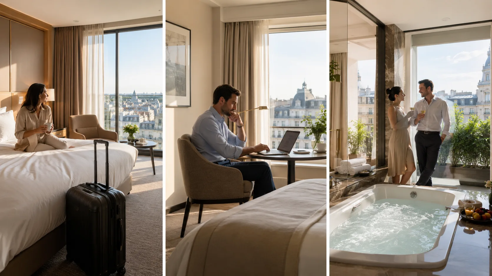 Three uses for day use: taking a break with luggage, working in peace and quiet, and enjoying a hot tub together