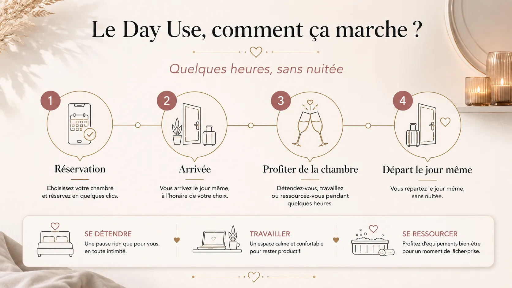 Infographic showing the four steps of day use: booking, arrival, enjoying the room and same-day departure
